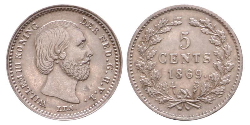 5 cent Willem III 1869. Prachtig +.
