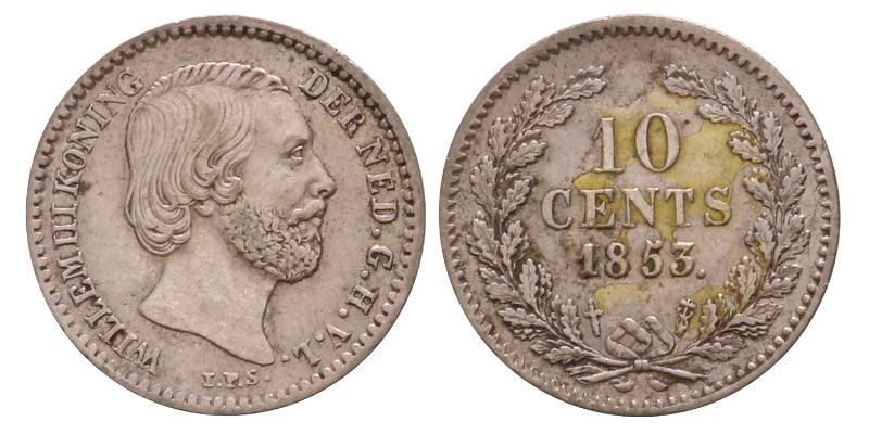10 cent Willem III 1853. Zeer Fraai +.