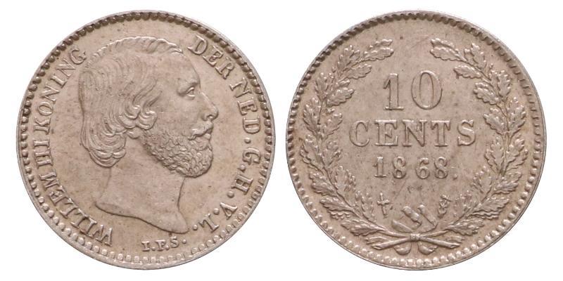 10 cent Willem III 1868. Prachtig +.