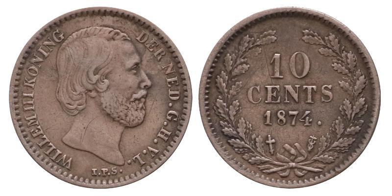 10 cent Willem III 1874 klaver. Zeer Fraai / Prachtig.