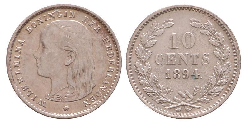 10 cent Wilhelmina 1894. Prachtig +.