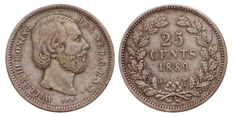 25 cent Willem III 1889. Zeer Fraai -.