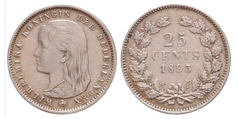 25 cent Wilhelmina 1893. Prachtig -.