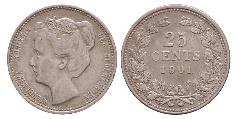 25 cent Wilhelmina 1901. Zeer Fraai / Prachtig.