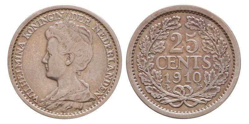25 cent Wilhelmina 1910. Prachtig -.