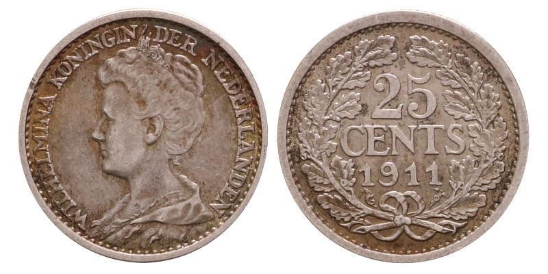 25 cent Wilhelmina 1911. Prachtig.