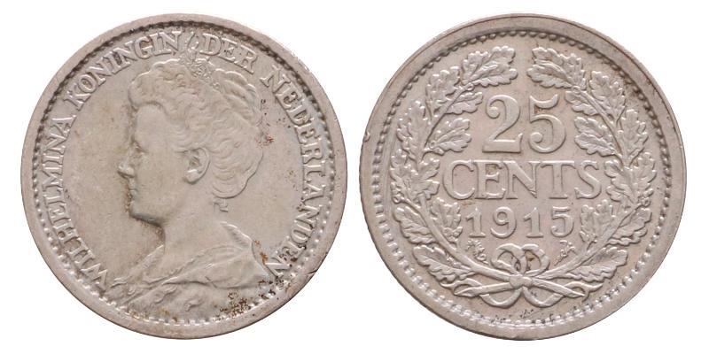 25 cent Wilhelmina 1915. Zeer Fraai.