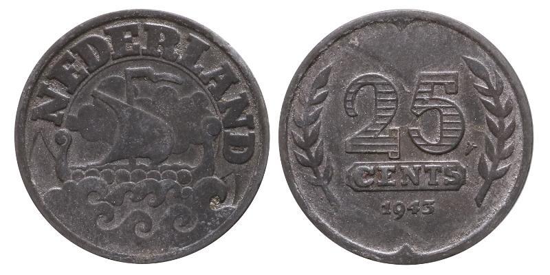 25 cent Wilhelmina 1943 zink. FDC.