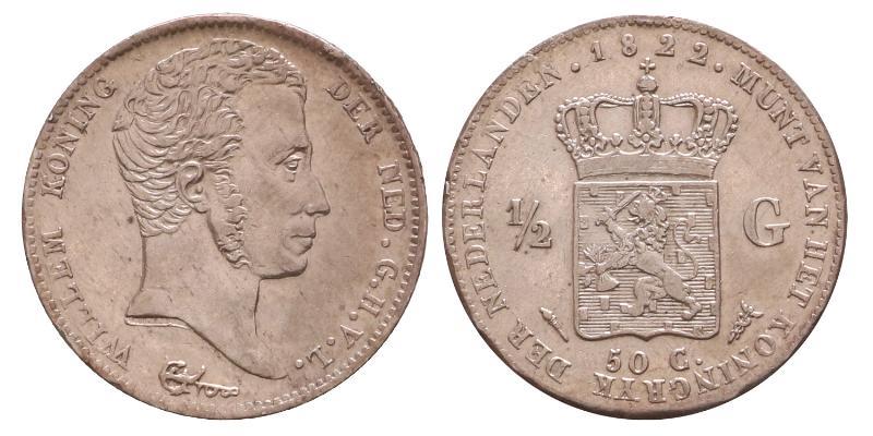 ½ gulden Willem I 1822 U. Prachtig -.