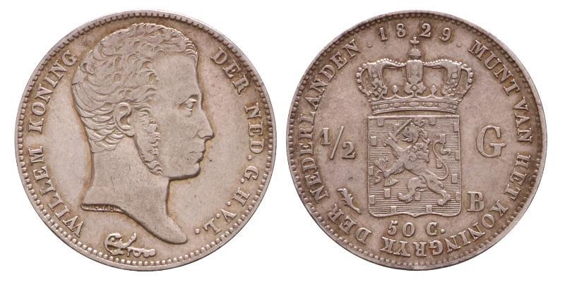 ½ gulden Willem I 1829 B. Zeer Fraai / Prachtig.
