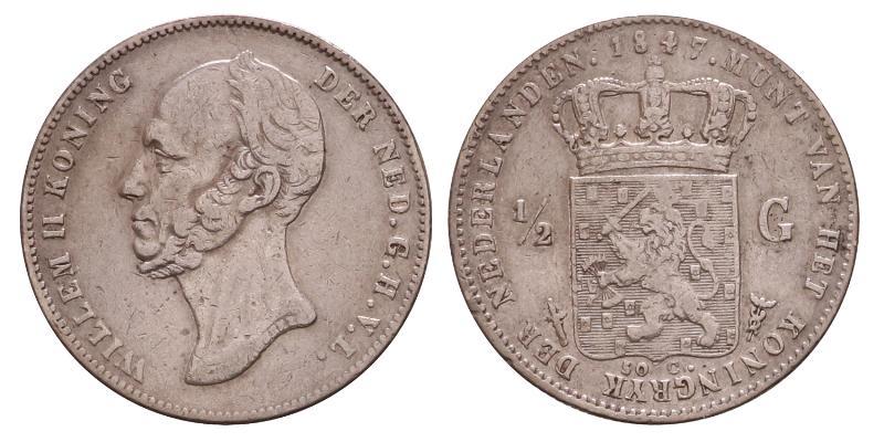 ½ gulden Willem II 1847. Zeer Fraai +.