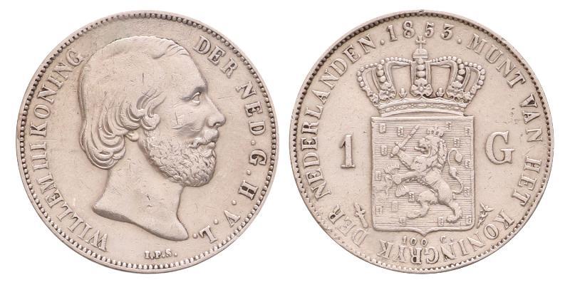 1 gulden Willem III 1853. Zeer Fraai +.