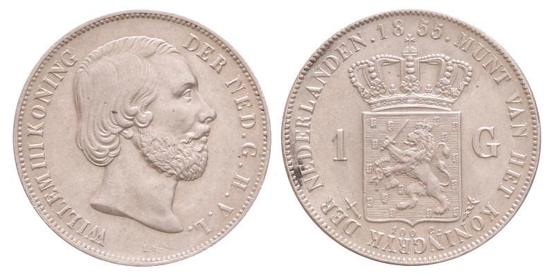 1 gulden Willem III 1855. Prachtig +.