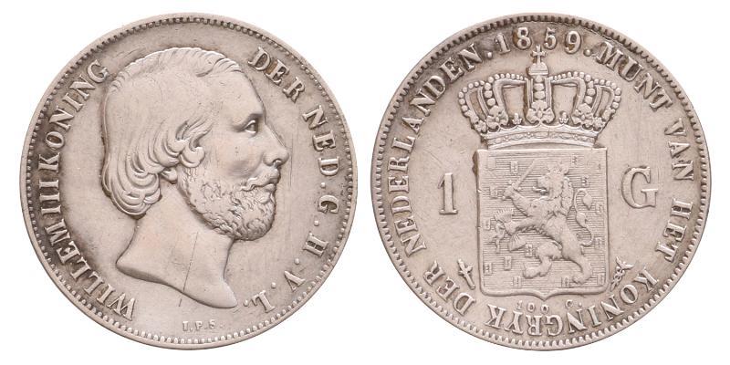 1 gulden Willem III 1859. Zeer Fraai +.