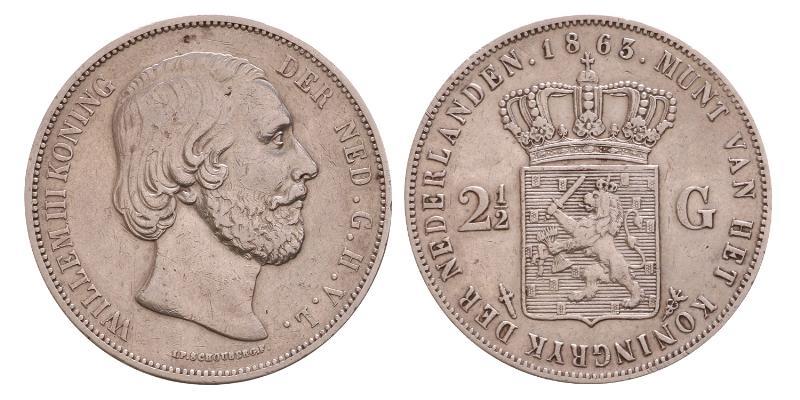 2½ gulden Willem III 1863. Zeer Fraai.