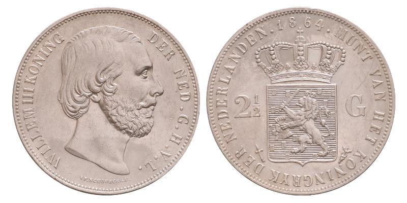 2½ gulden Willem III 1864. Prachtig.