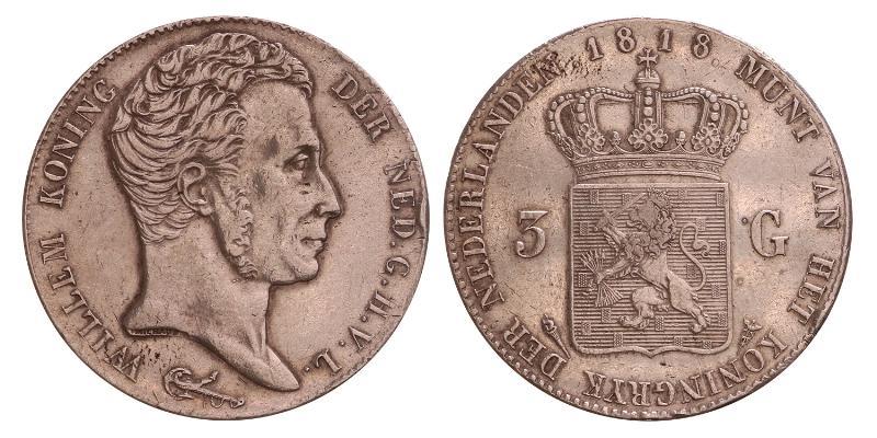 3 gulden Willem I 1818 U. Prachtig.
