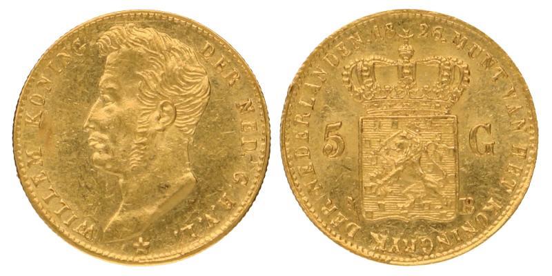 5 gulden goud Willem I 1826 B. Prachtig.