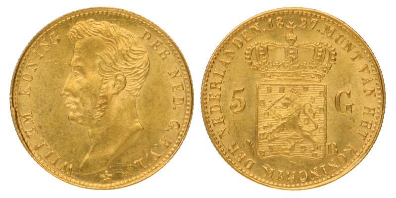 5 gulden goud Willem I 1827 B. FDC.