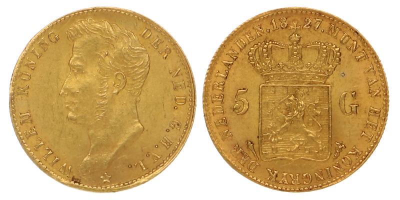 5 gulden goud Willem I 1827 U. Prachtig +.