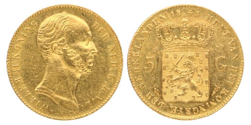 5 gulden goud Willem II 1843. Prachtig +.