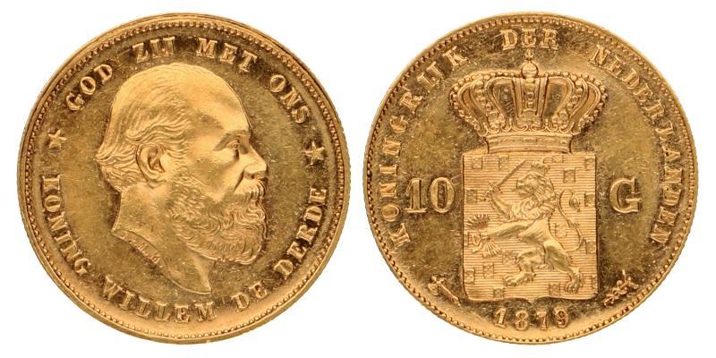 10 gulden goud Willem III 1879/77. Prachtig / FDC.
