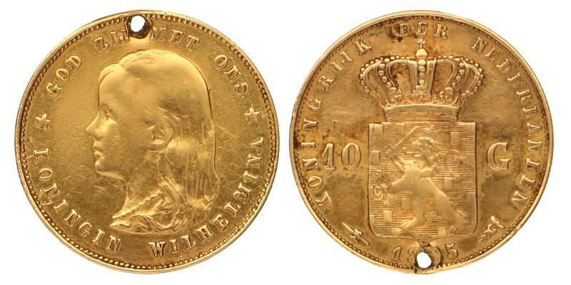 10 gulden goud Wilhelmina 1895/91. Fraai / Zeer Fraai (gaatje).