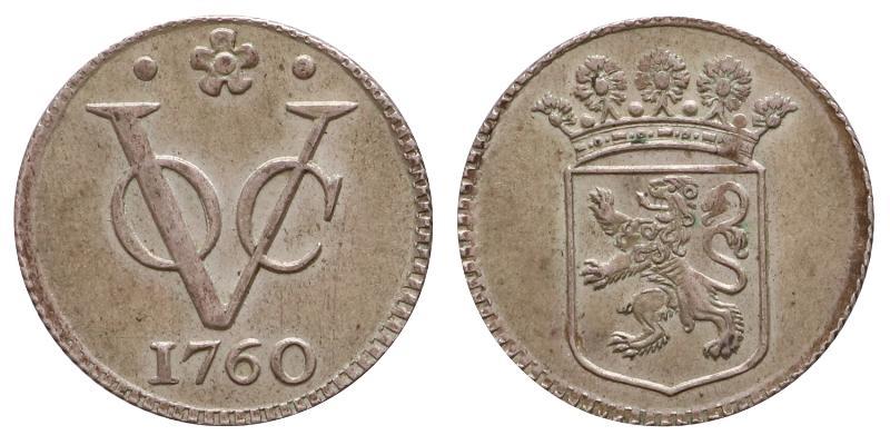 V.O.C. Holland Zilveren afslag Duit 1760 met kabelrand.
