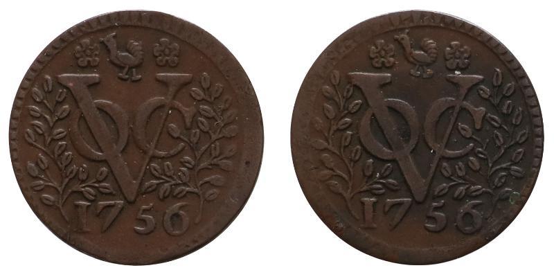 V.O.C. West-Friesland, Duit 1756, hybride slag, 2 x keerzijde.