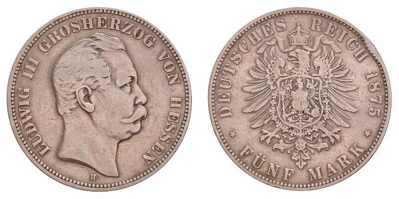 Germany. Hesse-Darmstadt. 5 Mark 1875 H.