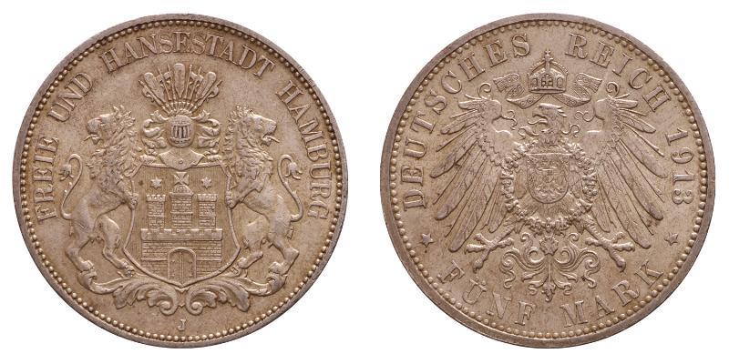 Germany. Hamburg. 5 Mark 1913 J.