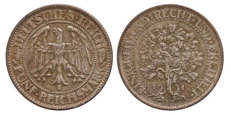 Germany. Weimar. 5 Mark "Eichenbaum" 1931 F.