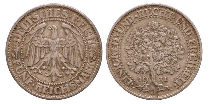 Germany. Weimar. 5 Mark "Eichenbaum" 1931 J.