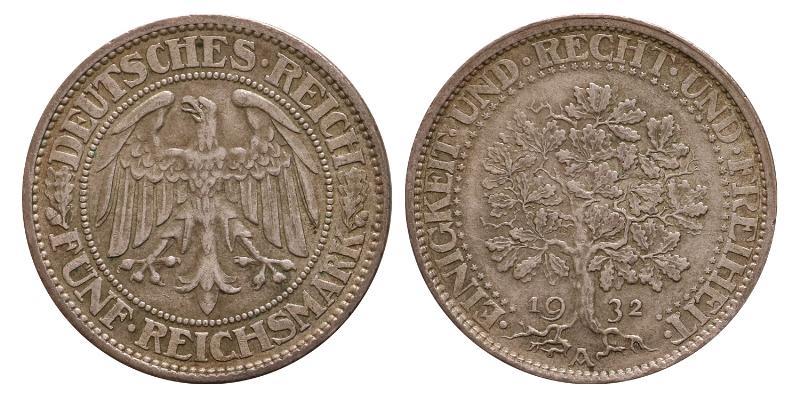 Germany. Weimar. 5 Mark "Eichenbaum" 1932 A.