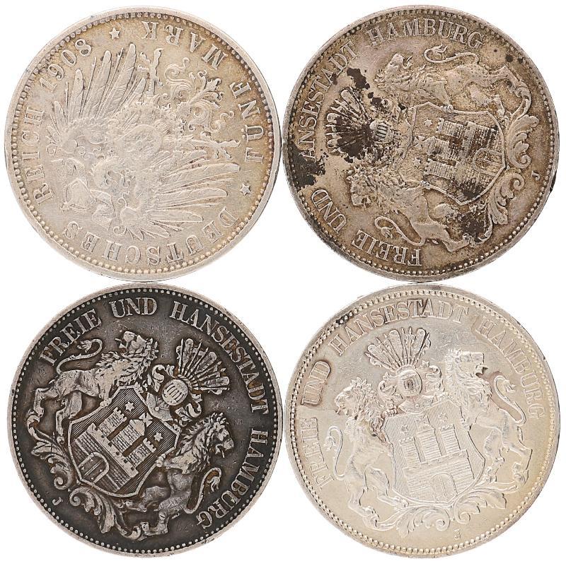 Germany. Hamburg. Lot (4) 5 Mark 1900, 1902, 1908 and 1913 J.