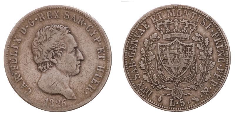 Italy. Sardinia. Carlo Felice. 5 Lire 1826 P.