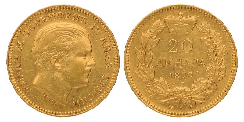 Serbia. Milan I. 20 Dinara 1879 A.