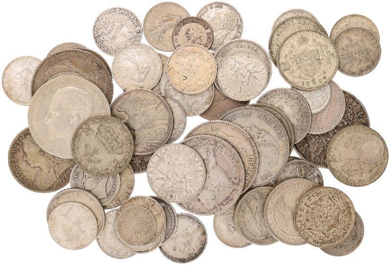 Lot european silver coins. E.g. Bulgaria 5 Leva 1894 KB. 545 grams.