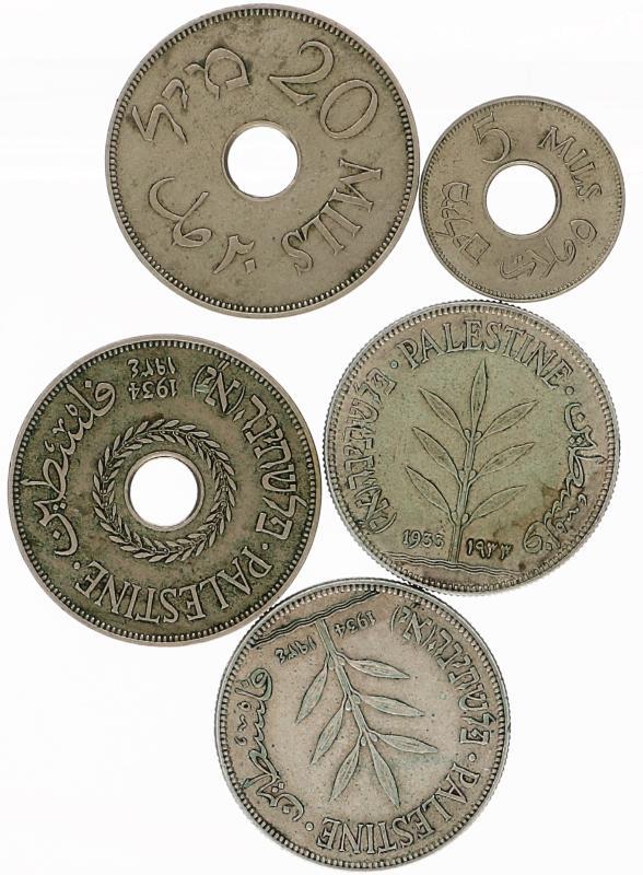 Palestine Lot (5) 100 Mills 1933, 1934; 20 Mills 1934,1942 and 5 Mills 1941.