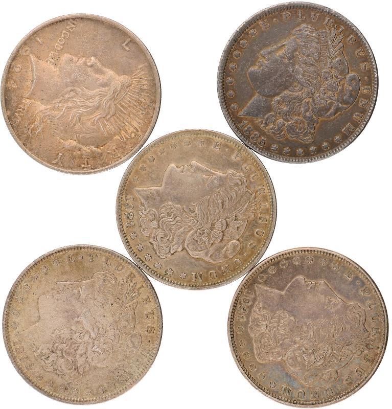 USA Lot (5) Morgan and Liberty dollars 1885 - 1924.