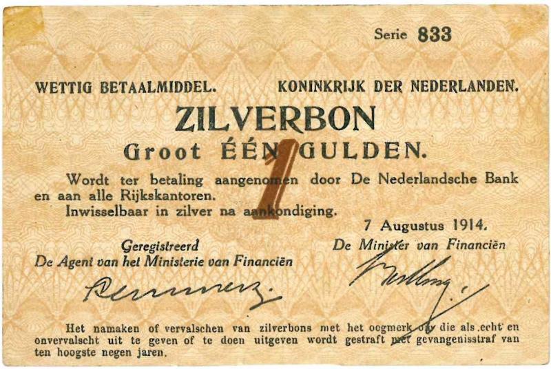 Nederland. 1 gulden. Zilverbon. Type 1914. - Zeer Fraai +.