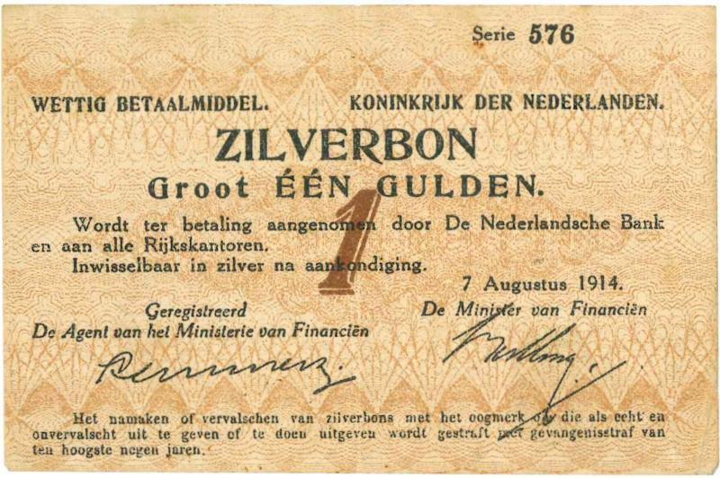Nederland. 1 gulden. Zilverbon. Type 1914. - Zeer Fraai +.