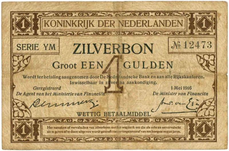 Nederland. 1 gulden. Zilverbon. Type 1916. - Fraai.