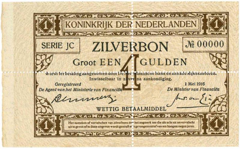 Nederland. 1 gulden. Zilverbon. Type 1916. - UNC.