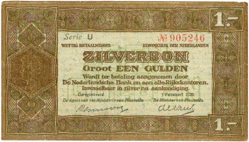 Nederland. 1 gulden. Zilverbon. Type 1920. - Zeer Fraai +.