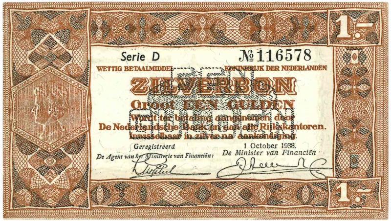 Nederland. 1 gulden. Zilverbon. Type 1938. - UNC.