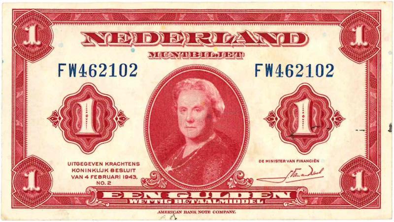 Nederland. 1 gulden. Muntbiljet. Type 1943. Wilhelmina. - Prachtig.