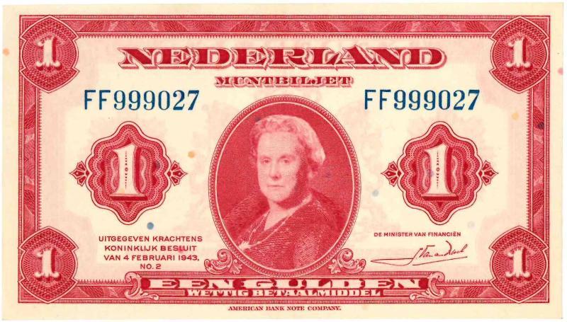 Nederland. 1 gulden. Muntbiljet. Type 1943. Wilhelmina. - Prachtig.