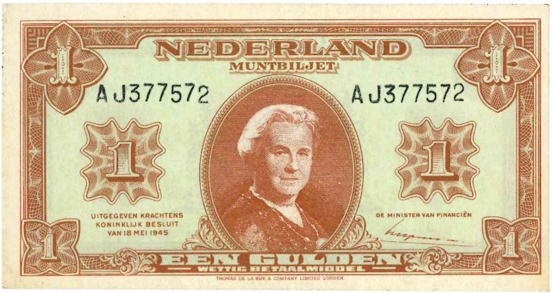 Nederland. 1 gulden. Muntbiljet. Type 1945. Wilhelmina. - UNC.