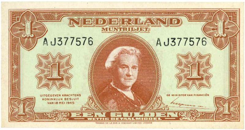 Nederland. 1 gulden. Muntbiljet. Type 1945. Wilhelmina. - UNC.
